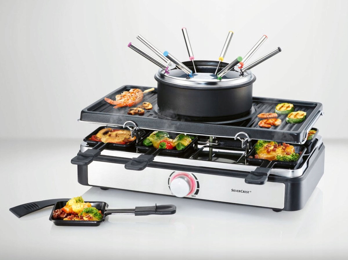 3 v 1 Grill Raclette Doska Fondue 8 Patelek Hrniec a vidličky Termostat