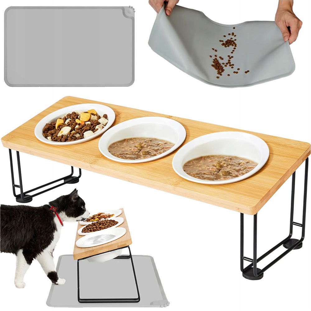 Levně Stojan Na Krmení Pro Zvířata Se 3 Keramickými Miskami A Silikonovou Podložkou