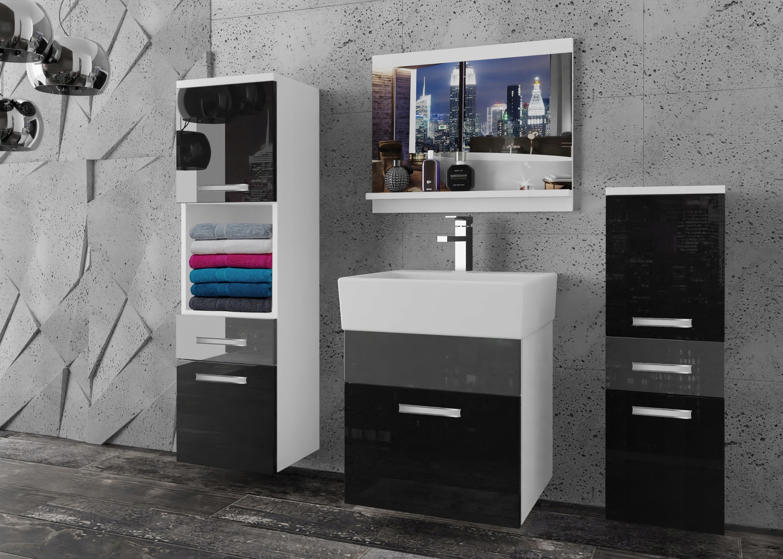 Meble łazienkowe z LUSTREM z UMYWALKĄ POŁYSK Wykończenie połysk