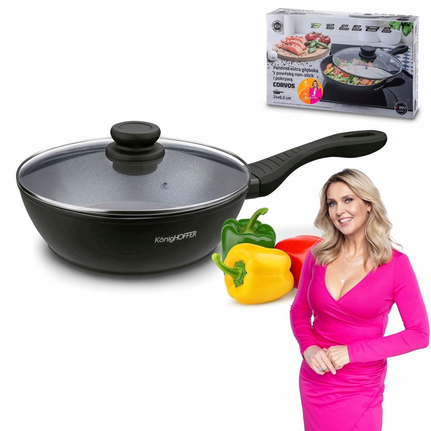 Patelnia Indukcja 24cm Beztłuszczowa patelnia Głęboka z pokrywką Corvos