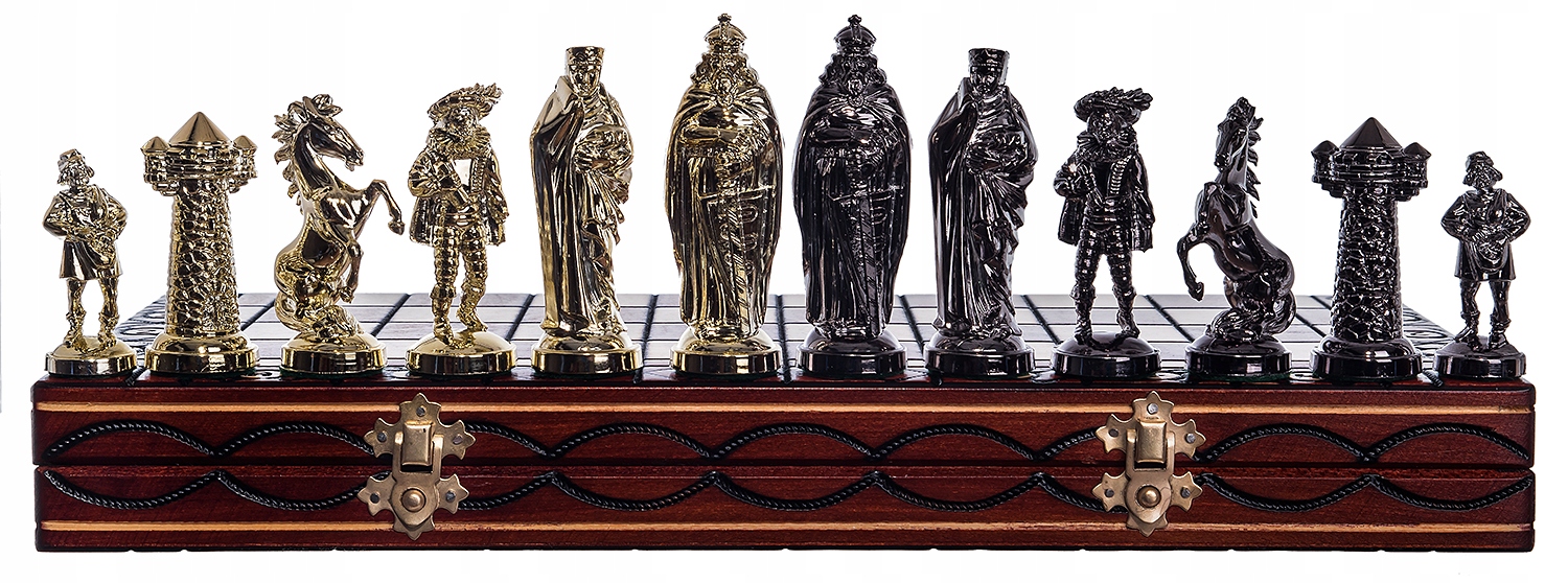 SZACHY ŚREDNIOWIECZNE DREWNIANE ZŁOTO-CZARNE DUŻE Producent Chesscheck