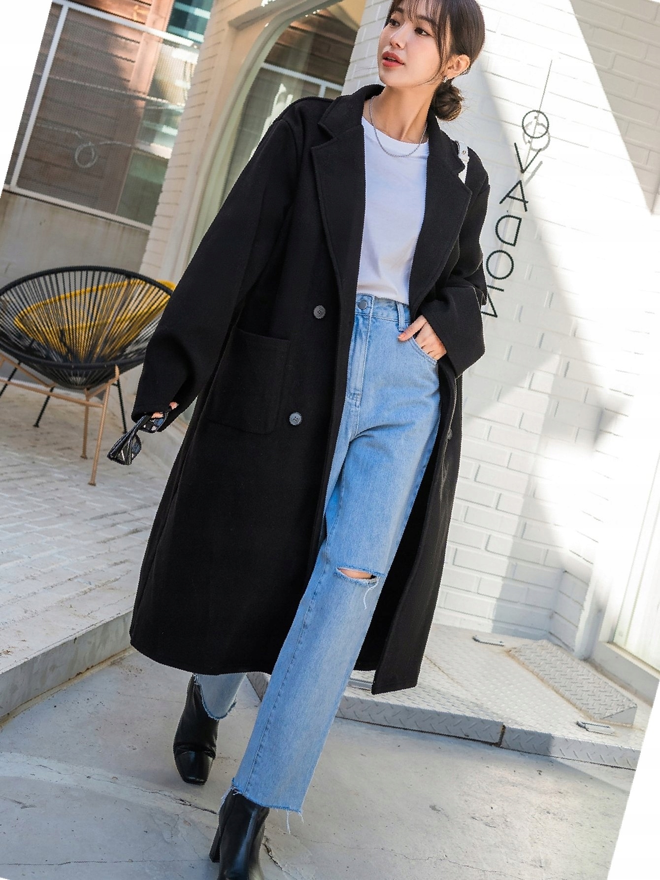 Dámský kabát černý každodenní dlouhý dvouřadý, velikost M