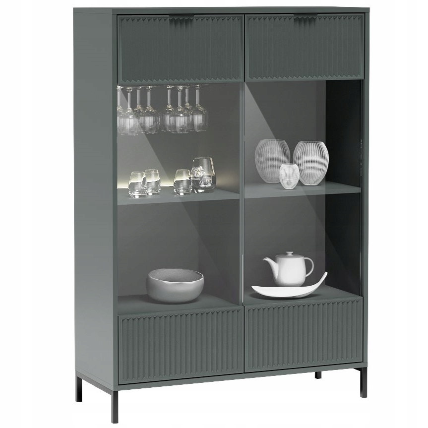 WITRYNA z oświetleniem LED LS-8 ryflowane fronty STONE GREEN + CZARNE NOGI