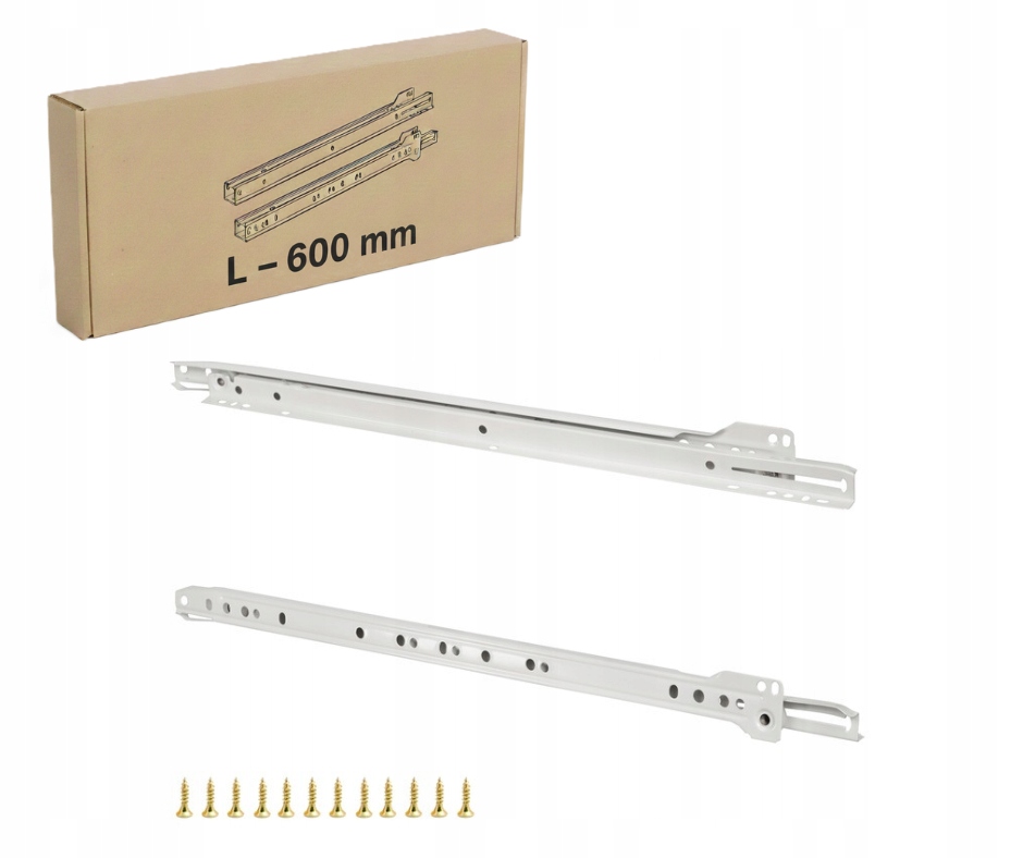 ZESTAW - PROWADNICA MEBLOWA ROLKOWA REJS BIAŁA DO SZUFLAD 600 L+P + WKRĘTY