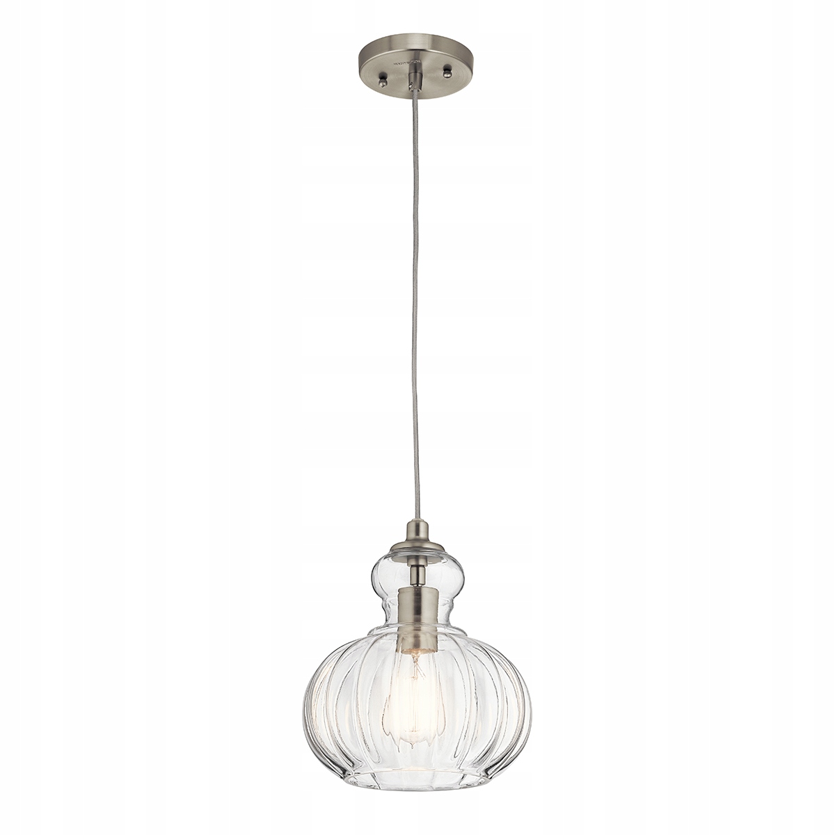Retro závěsná lampa z kartáčovaného niklu s ozdobným skleněným stínítkem Kichler
