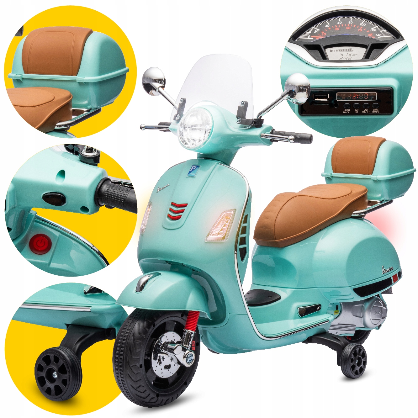 Skuter dla dziecka Jeździk Vespa na akumulator kuferek MP3 microSD Motor