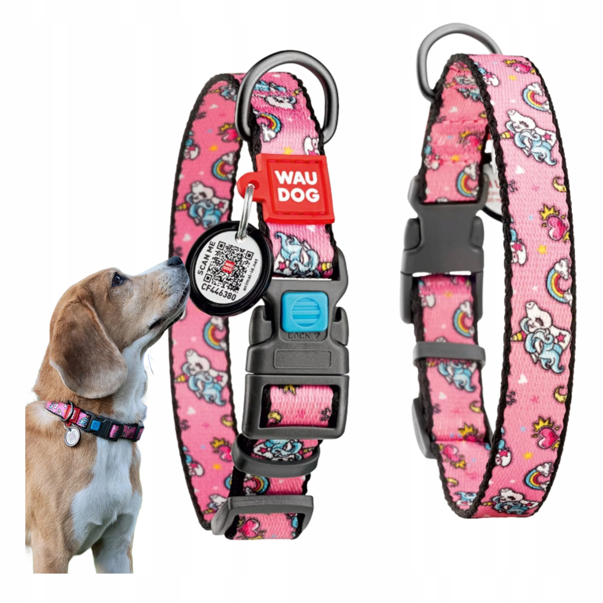 Regulovatelná nylonová obojka pro psa 24-40 cm, růžová, jednorožci