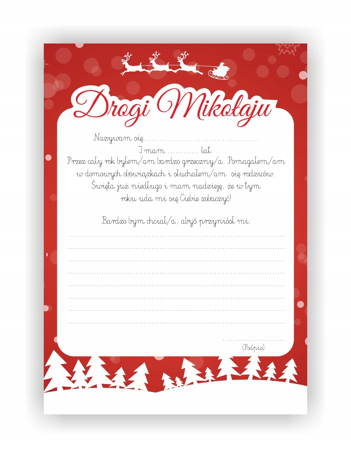 

List do Świętego Mikołaja dla dzieci Święta A4