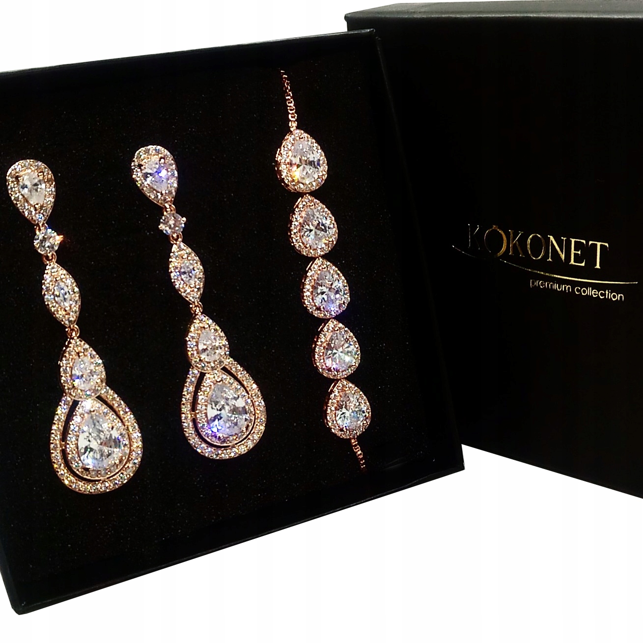 Sada šperků v barvě rose gold Dlouhé ozdobné náušnice náramek