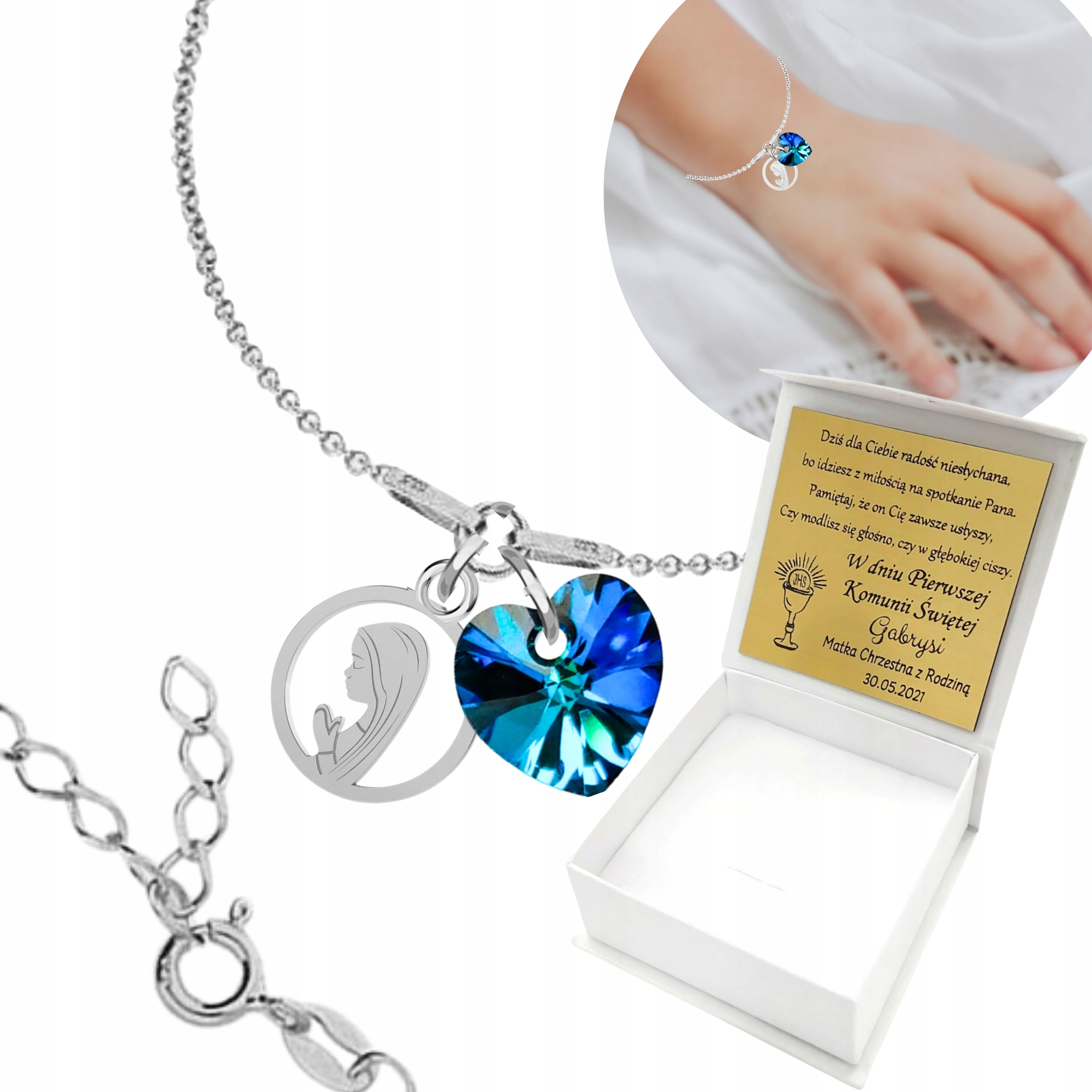 Náramek pro dívku Svaté Přijímání Medailon Matka Boží Gravírování Stříbro 925