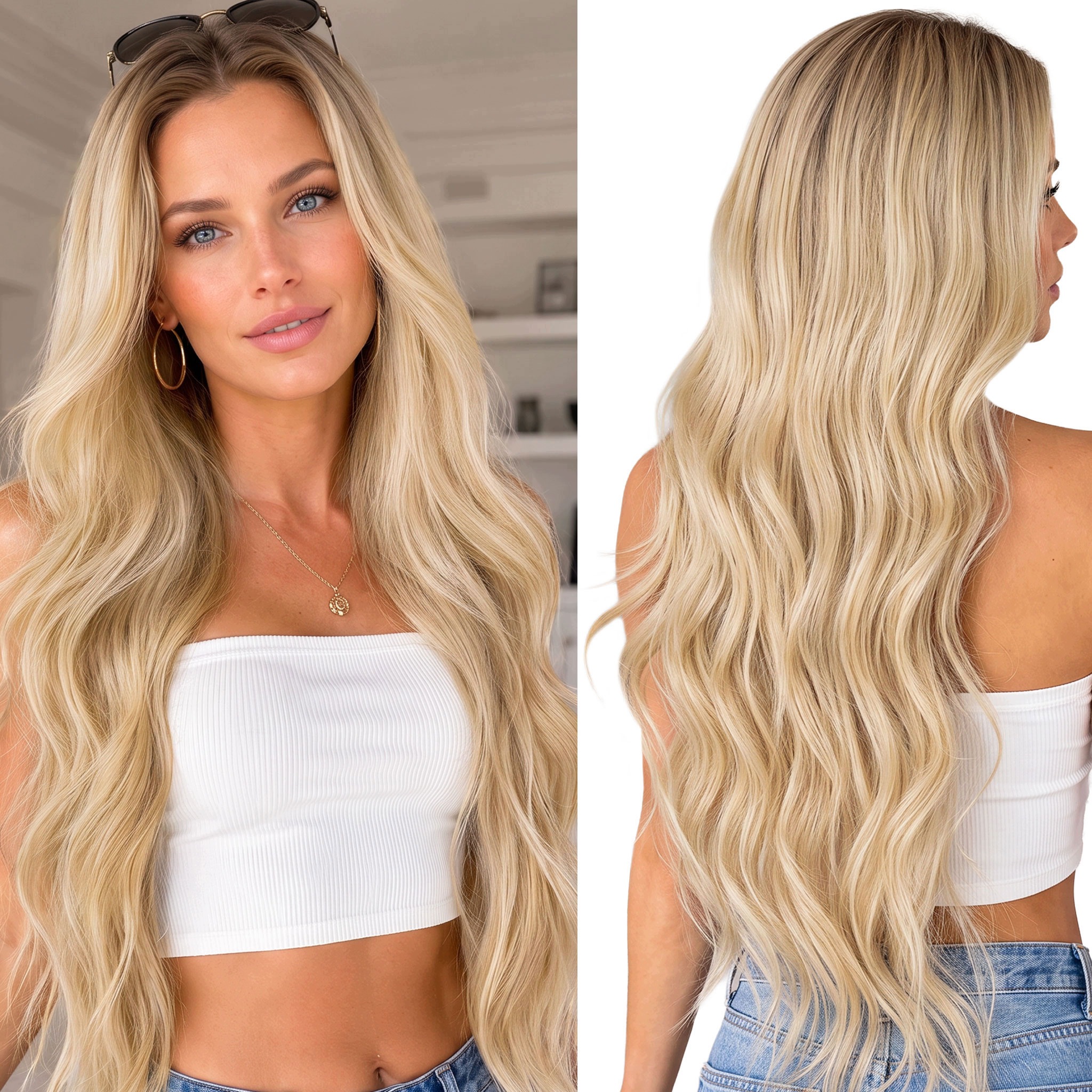 Peruka Syntetyczna fale długa 80cm ciepły blond z odrostem Lace front 300g