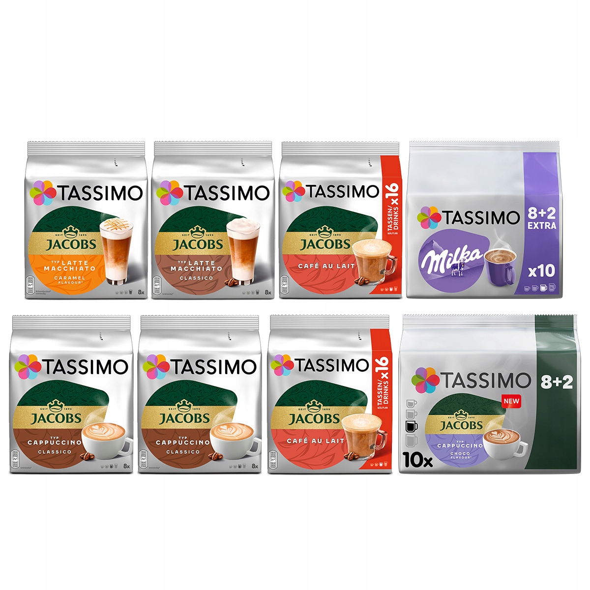 Kapsułki Tassimo zestaw kaw białych, Cappuccino 8 op. [82 kawy] 7+1 Gratis!