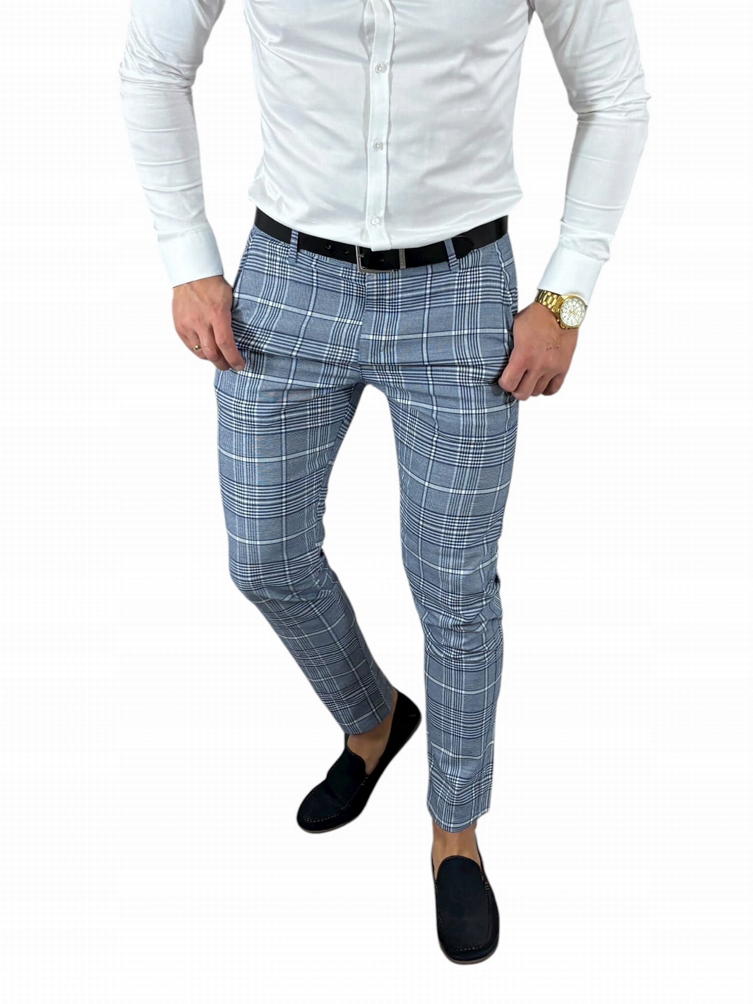 Dámské slim kalhoty hladké modré kostkované DJ023 W32