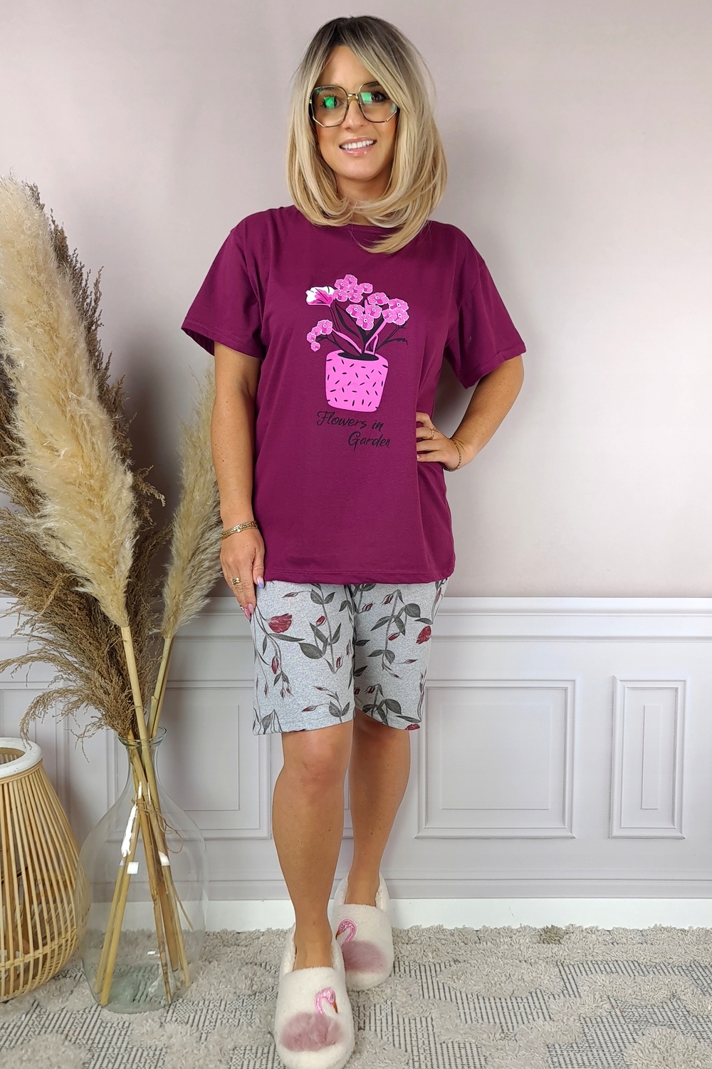 DAMSKA BAWEŁNIANA PIŻAMA W KWIATY Spodenki RYBACZKI DUŻE ROZMIARY #2XL Rozmiar XXL