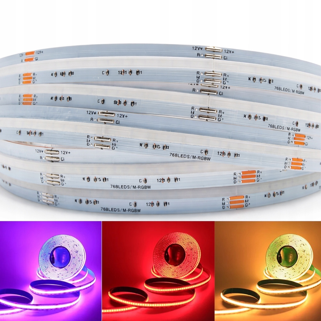 Led pásek Cob 768 LED/m Rgbw Ww 15W/m 12V 5m 4IN1 jedna řada více barev