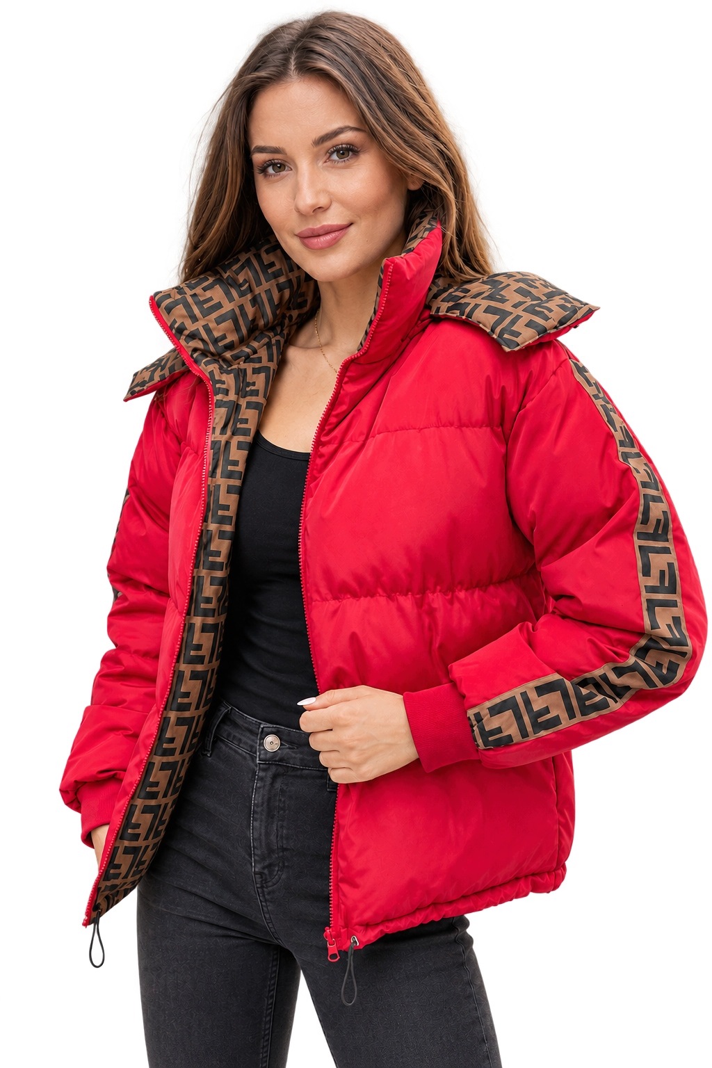 0026 Dvoustranná oversize prošívaná bunda s odnímatelnou kapucí červená L