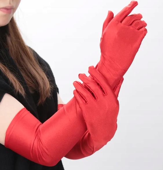 RĘKAWICZKI SATYNOWE Długie Eleganckie Czerwone