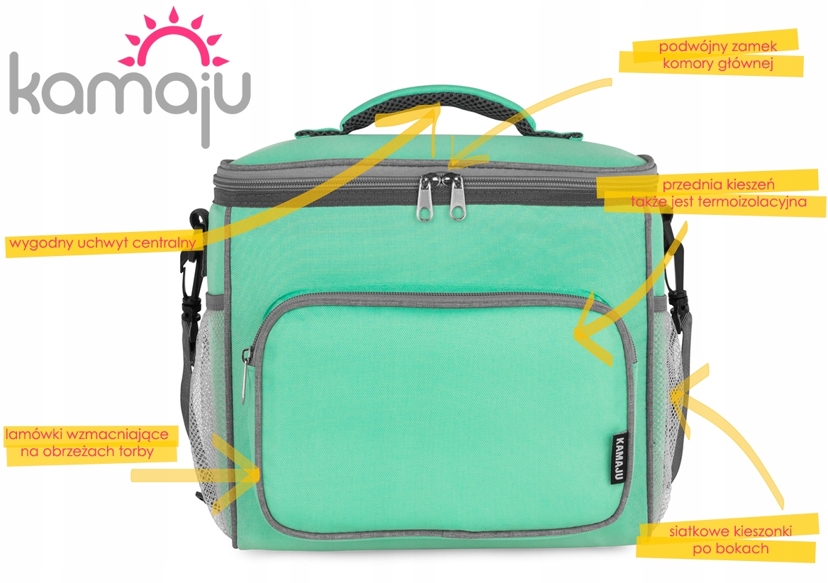 SOLIDNA TORBA TERMICZNA 2 KOMORY Z KIESZENIAMI + REG PASEK + WKŁADY 2x400 Szerokość produktu 28 cm