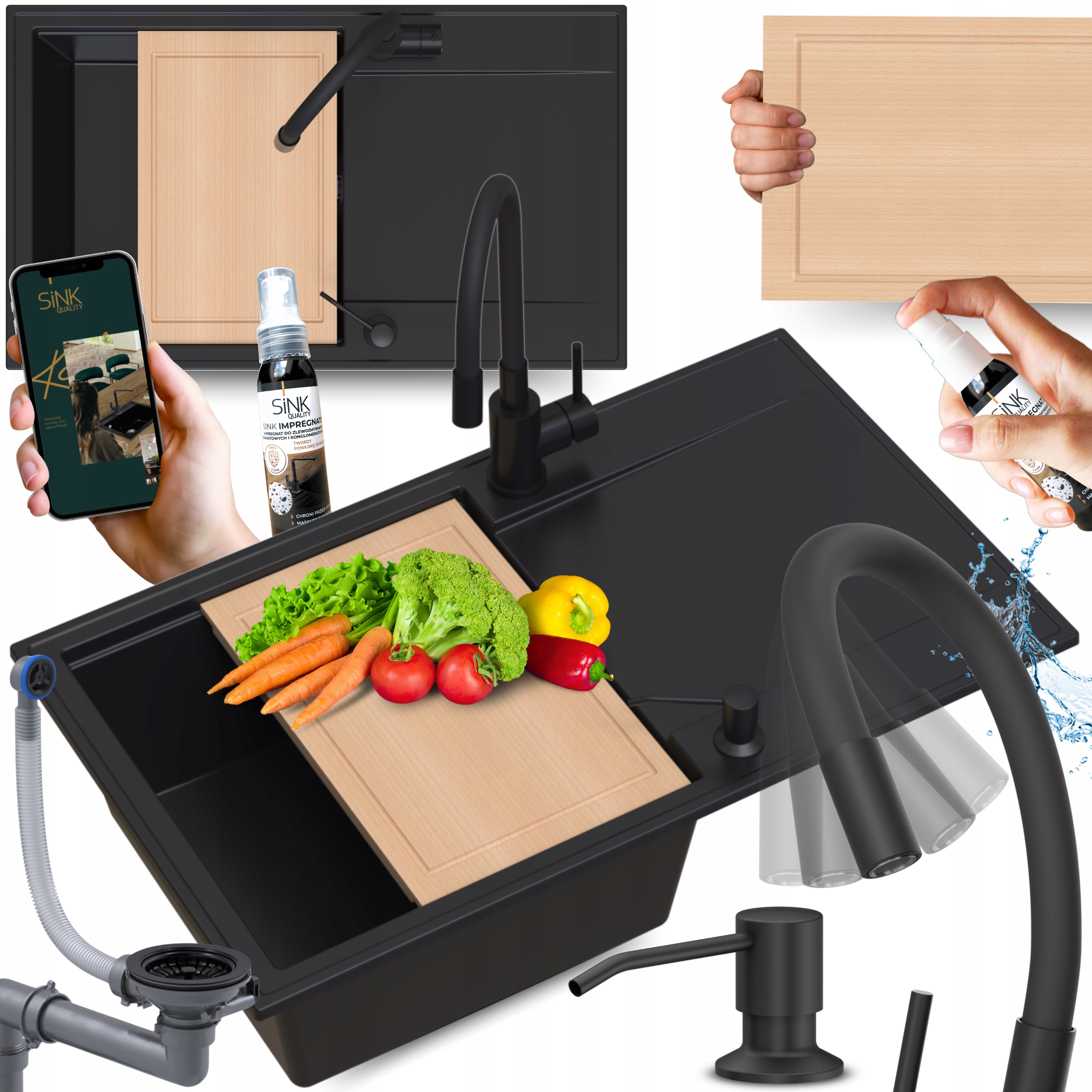 Dřezovák s Deskou a flexibilní baterií Dlouhý černý Granitový Dávkovač