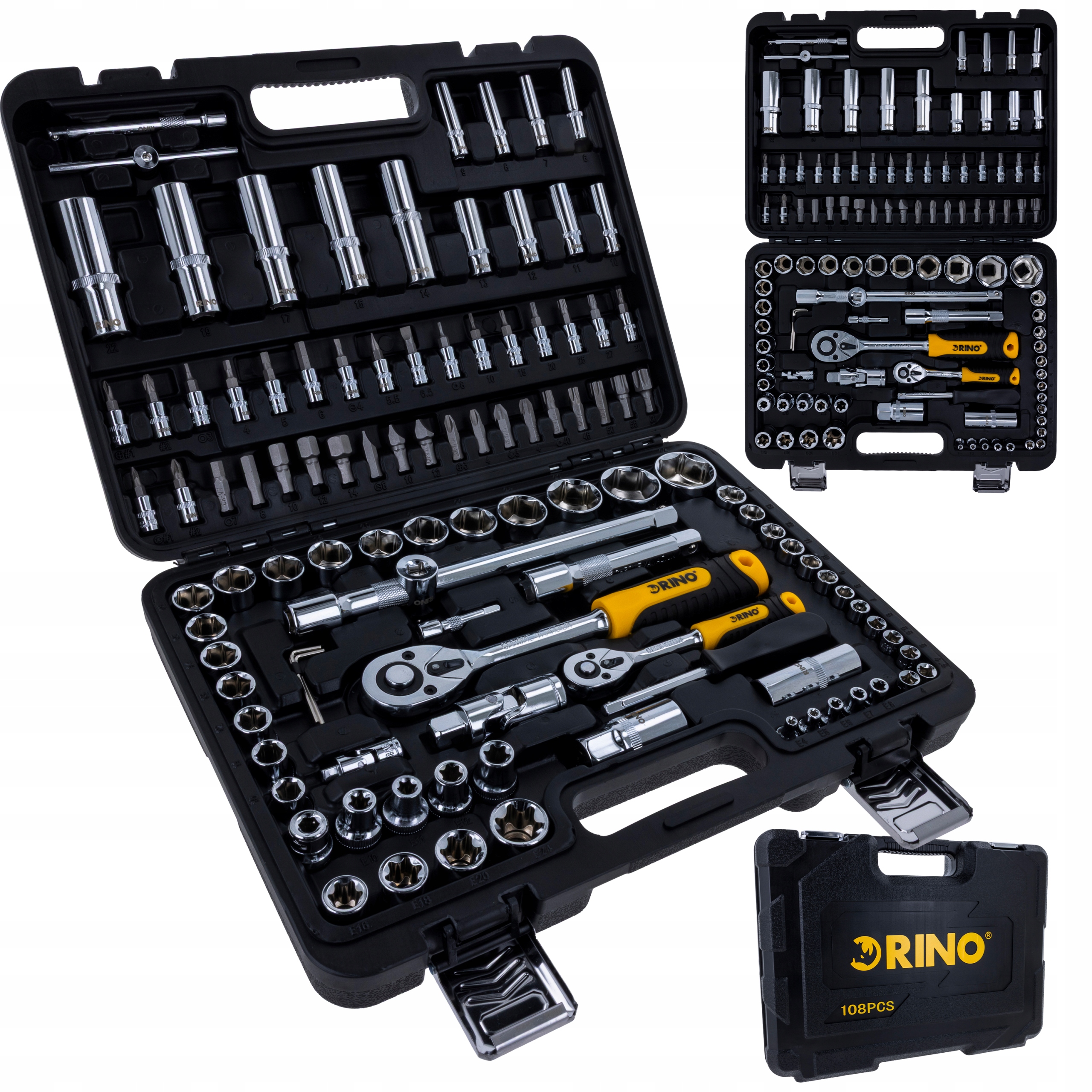 Sada nástrčných klíčů Rino velká, 108 dílů, kufr, bity, ráčna
