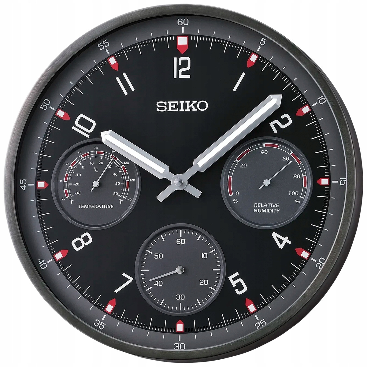 Japonské Aluminiové Hodiny Seiko QXA823K S Teplomerom A Vlhkomerom 33 cm