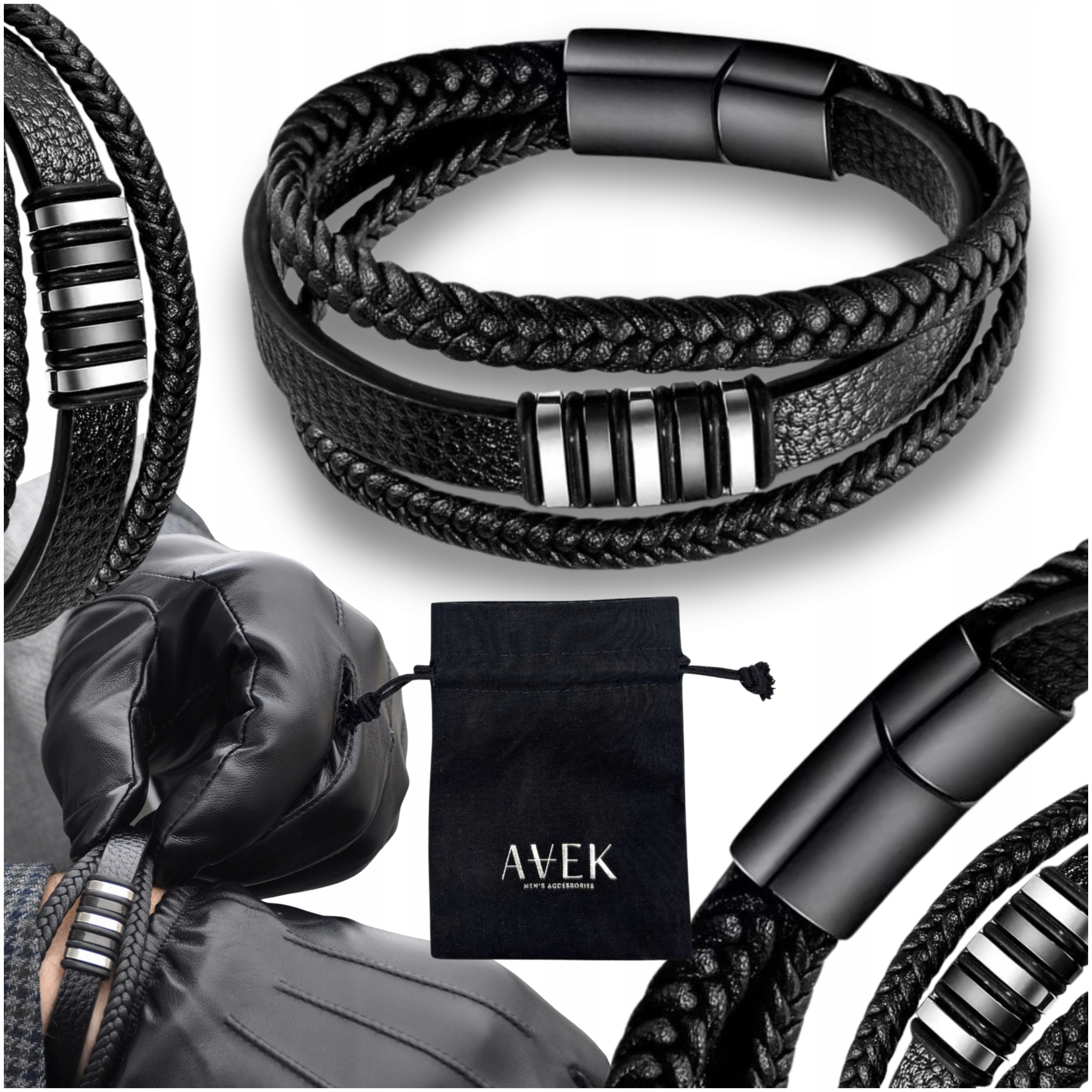 Pánský Náramek Z Kože, Pletený, Černá Ocel Jako Dárek Pro Něj 21 CM