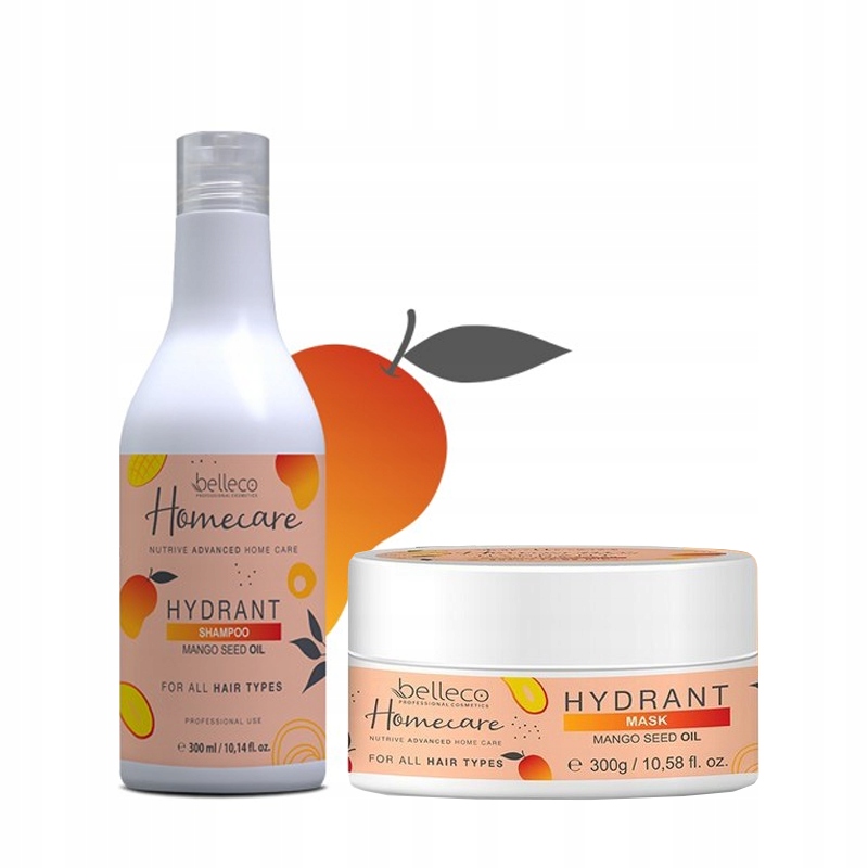 Belleco Mango zestaw nawilżający szampon maska 2x300ml po nanoplastii