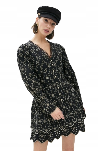 Černé bavlněné Šaty River Island s výšivkou a knoflíky, 36 Kwa