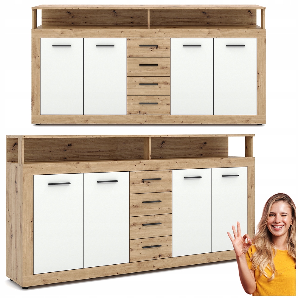 Komoda s velkými zásuvkami do obývacího pokoje, předsíně, dub, bílá, Blago, 190 cm