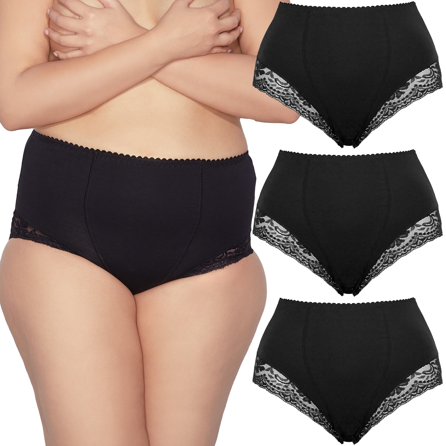 Mitex Ela 3-pack černé krajkové vysoké kalhotky L Kalhotky Modelující