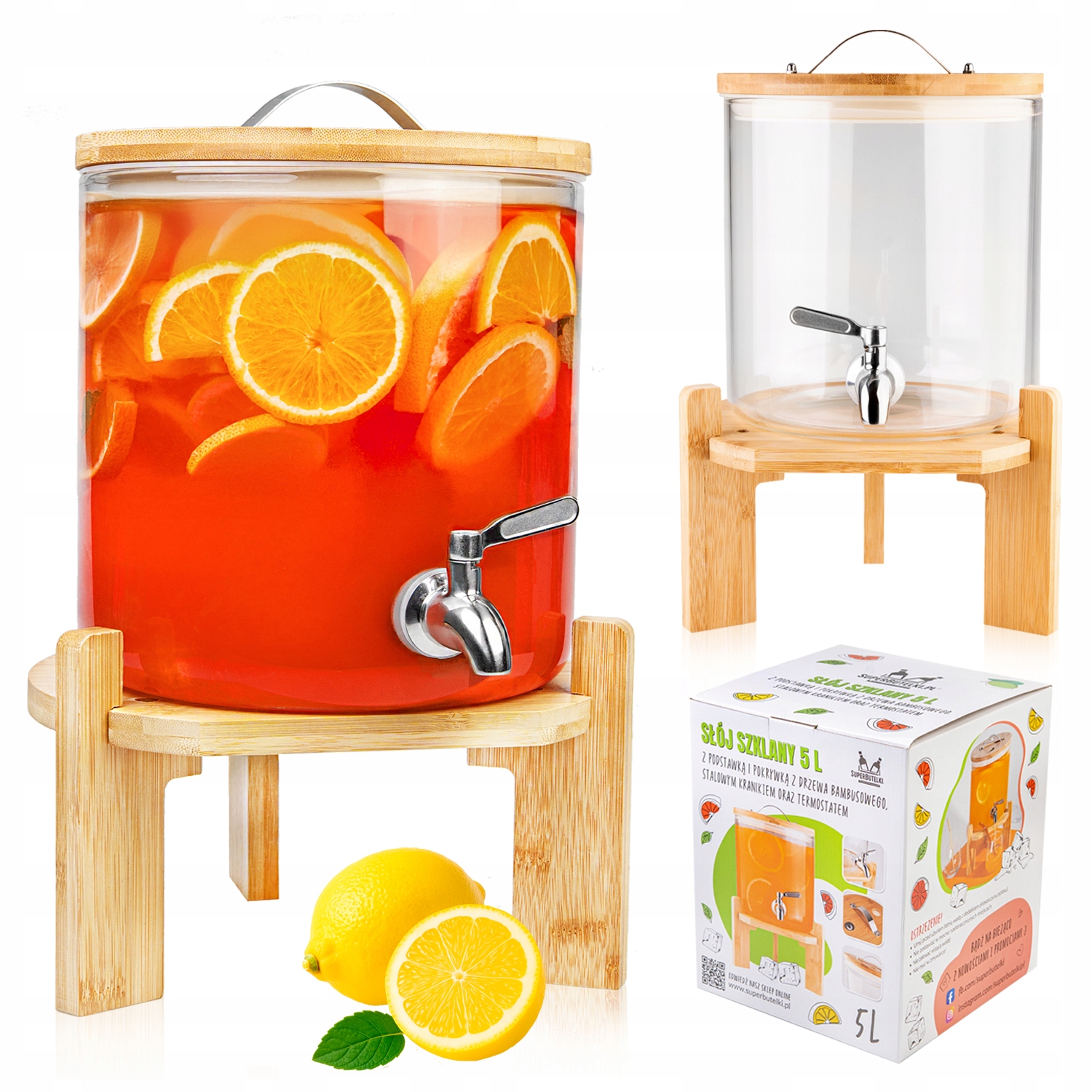 Nádoba s kohútikom 5 l, sklenená nádoba s kohútikom na stojane, džbán teplomer