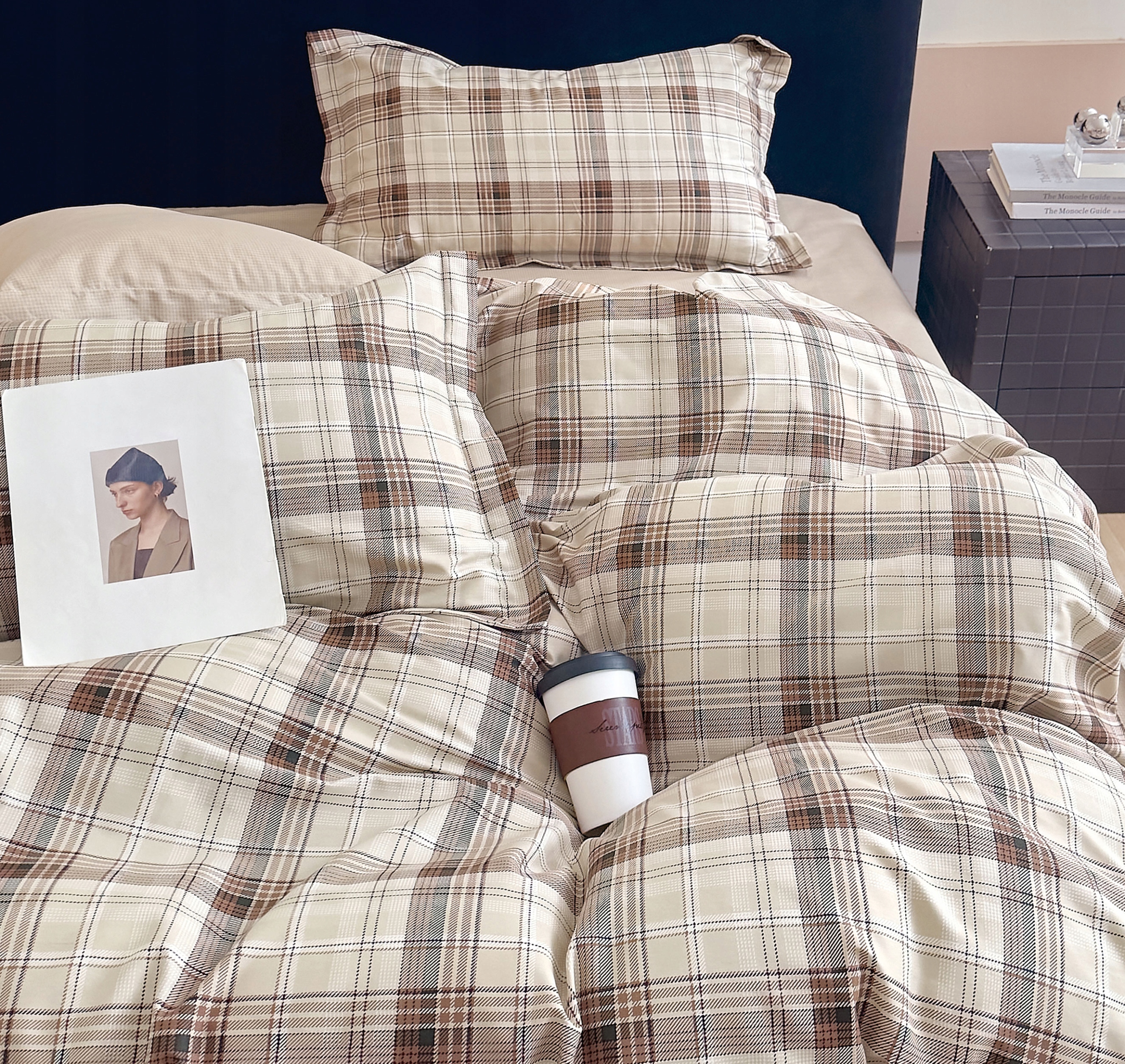 3dílná sada povlečení na peřinu s polštáři z bavlny v béžové kostce 160×200 cm