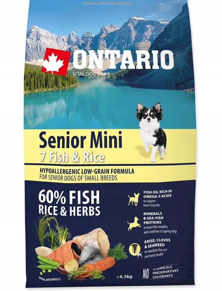 Ontario Senior Mini 7 Ryb s rýží 6,5 kg krmivo pro psy malých plemen