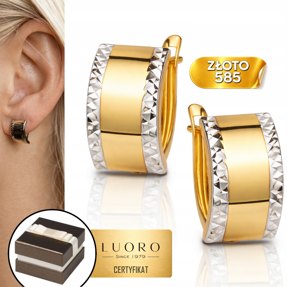 Náušnice Zlaté 585 14k Široké Diamantové Dvě Barvy Zlatá Dárek