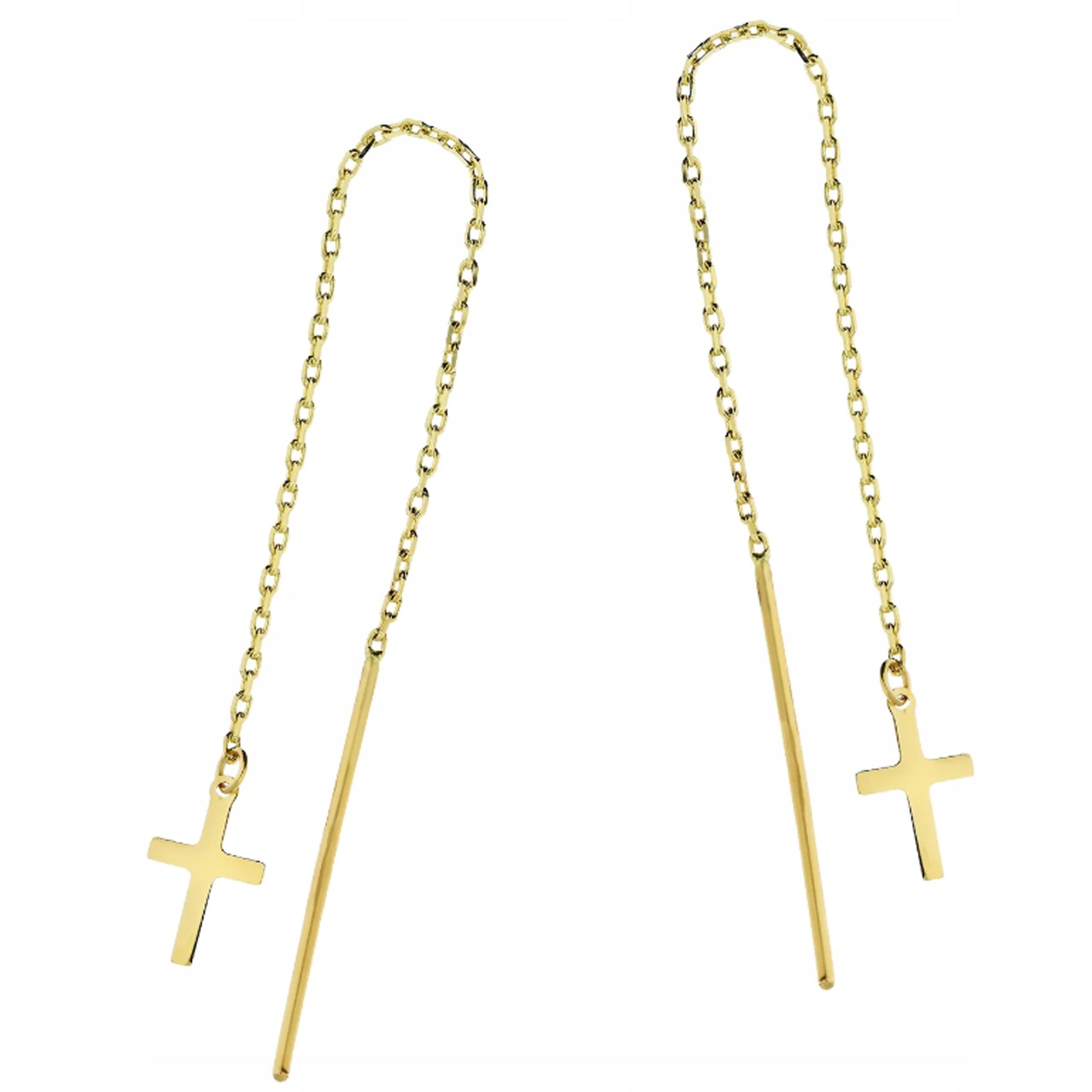 Zlaté náušnice 585 provlékací křížek na řetízku rolo jako dárek 14k