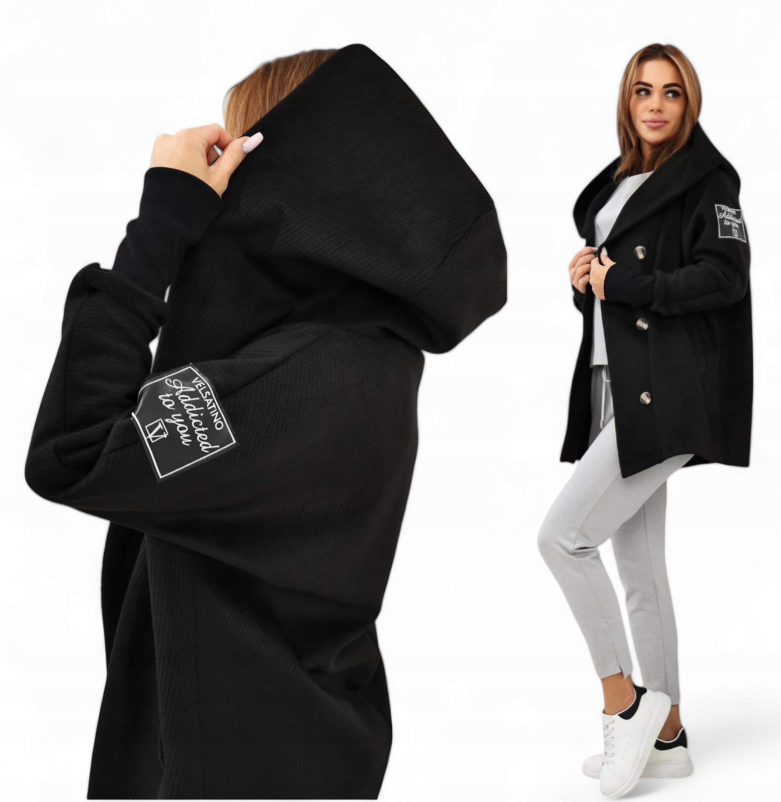 Kabát s kapucí Velsatino černý. Velikost plus size 48, 50, 52