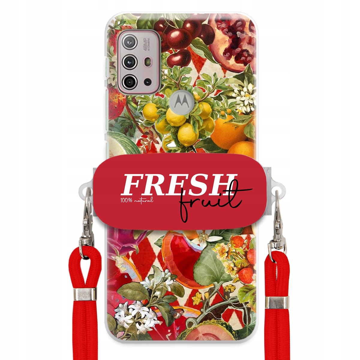 Puzdro pre Motorola G30 Červené Crossbody vodítko držiak Fresh Fruit Ovocné