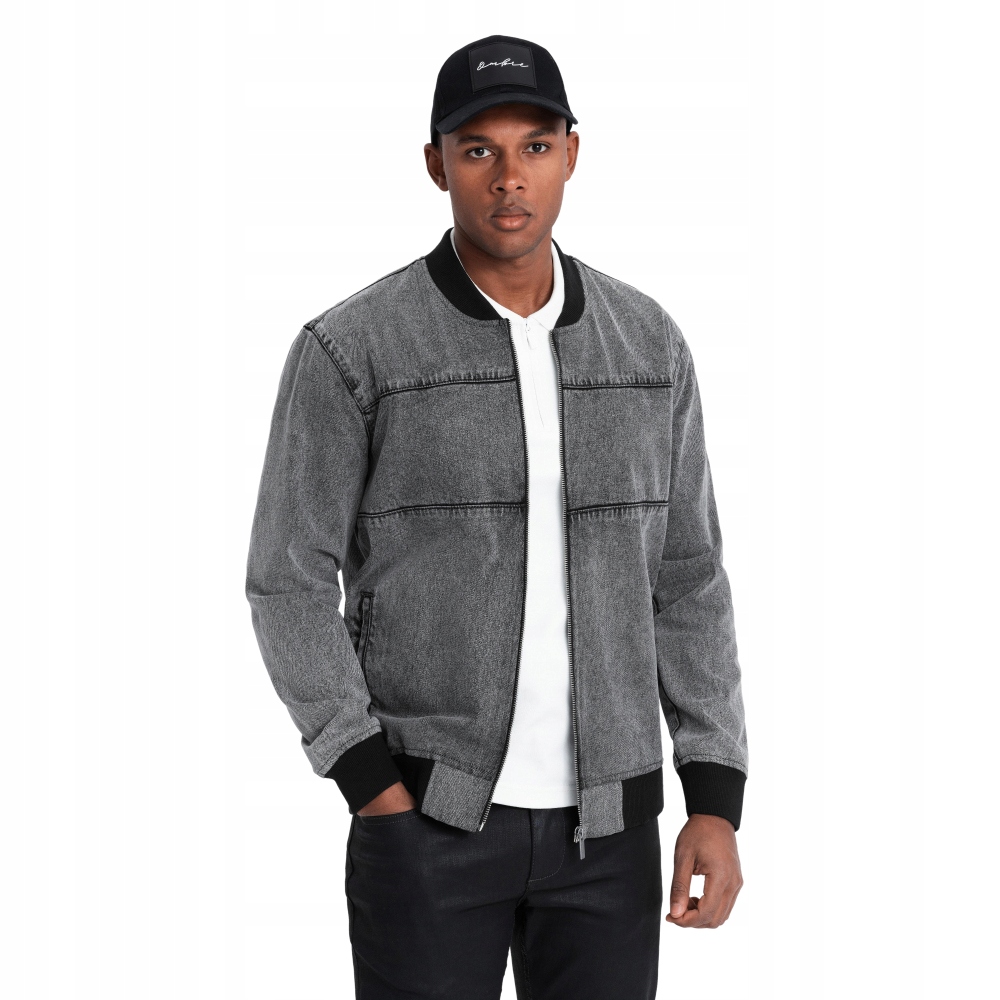 Módní pánská džínová bunda bomber šedá Ombre OM-JADJ-0163 V1 vel M