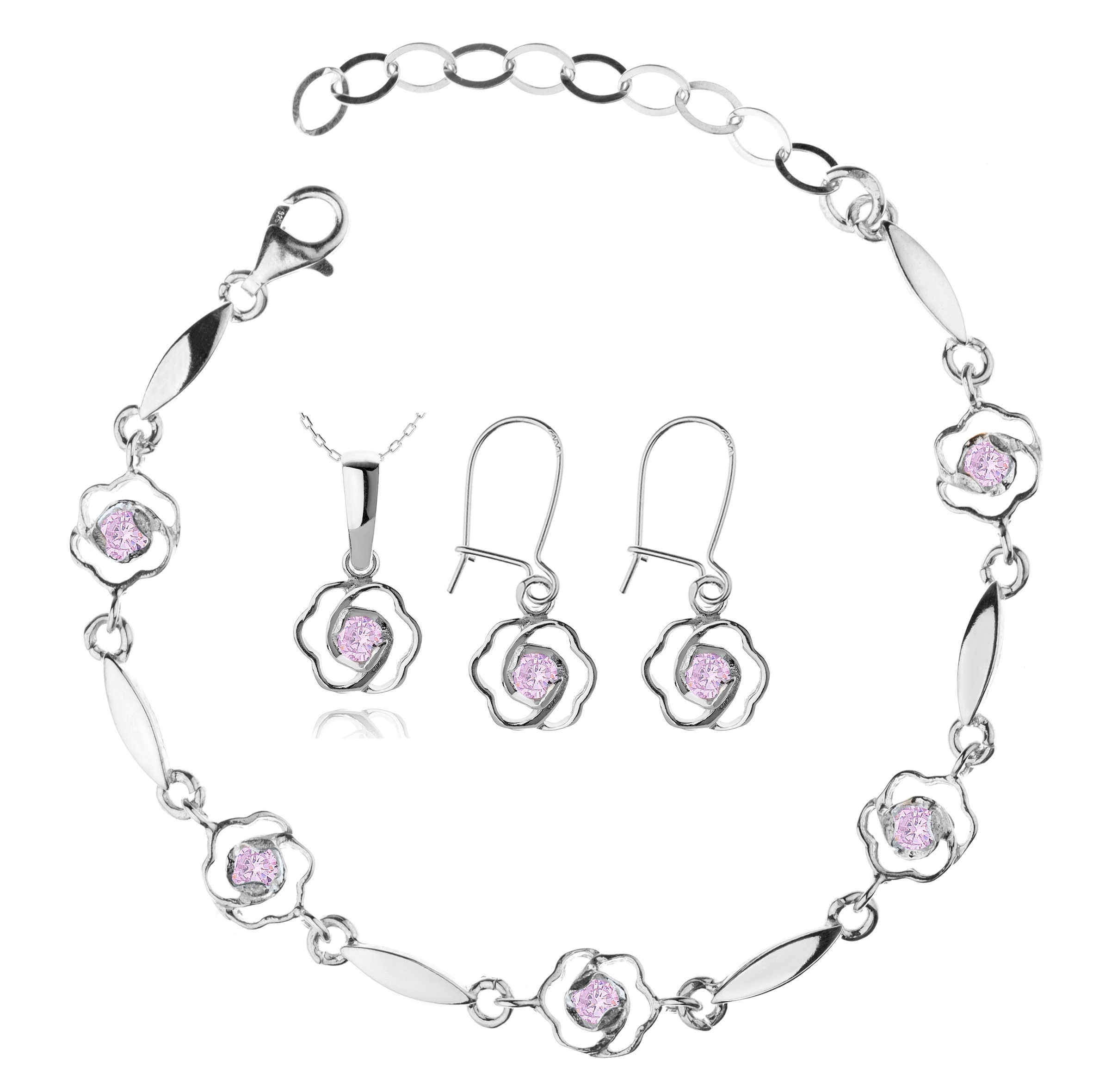 

Komplet Biżuterii Kwiatki Z Różowymi Cyrkoniami