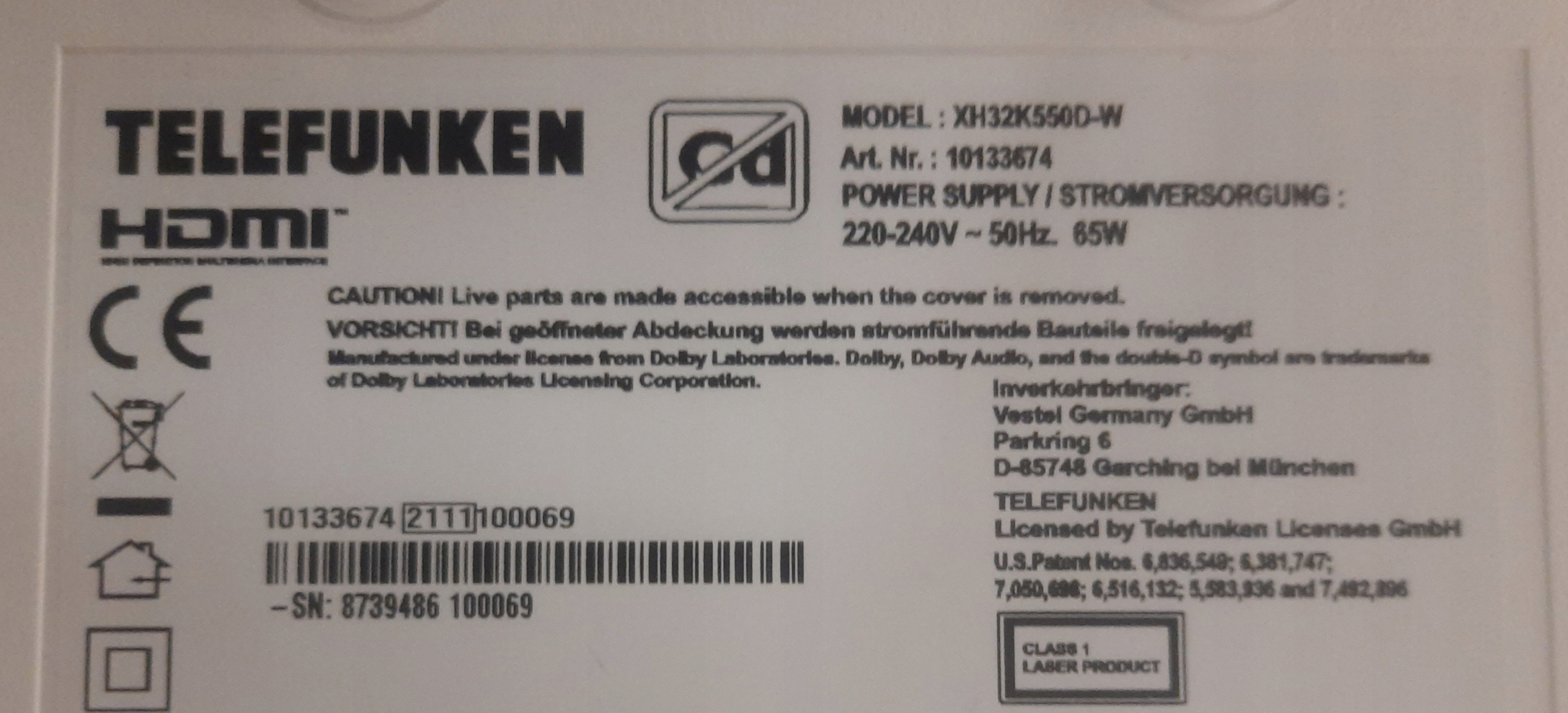 Telefunken XH32K550D-W Smart Wi Fi DVBT2 (1X) Marka Telefunken