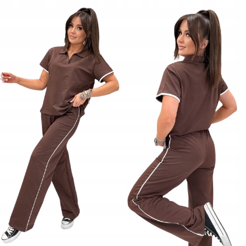 Bawełniany Komplet Dresowy Bluzka Polo Szerokie Spodnie Czekoladowy L/XL