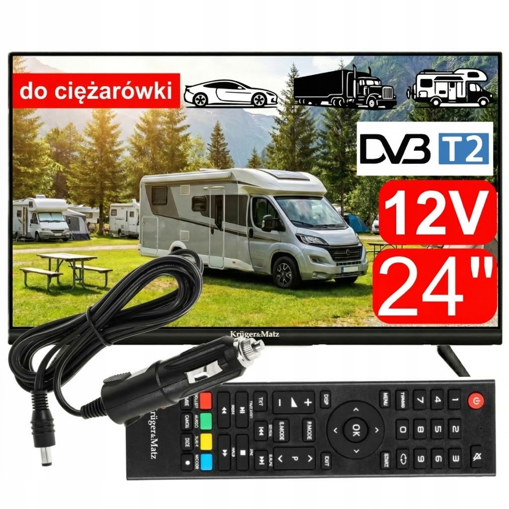 Telewizor 24" do Ciężarówki Kamper Kamping DVB-T2 12V 230V Zasilacz