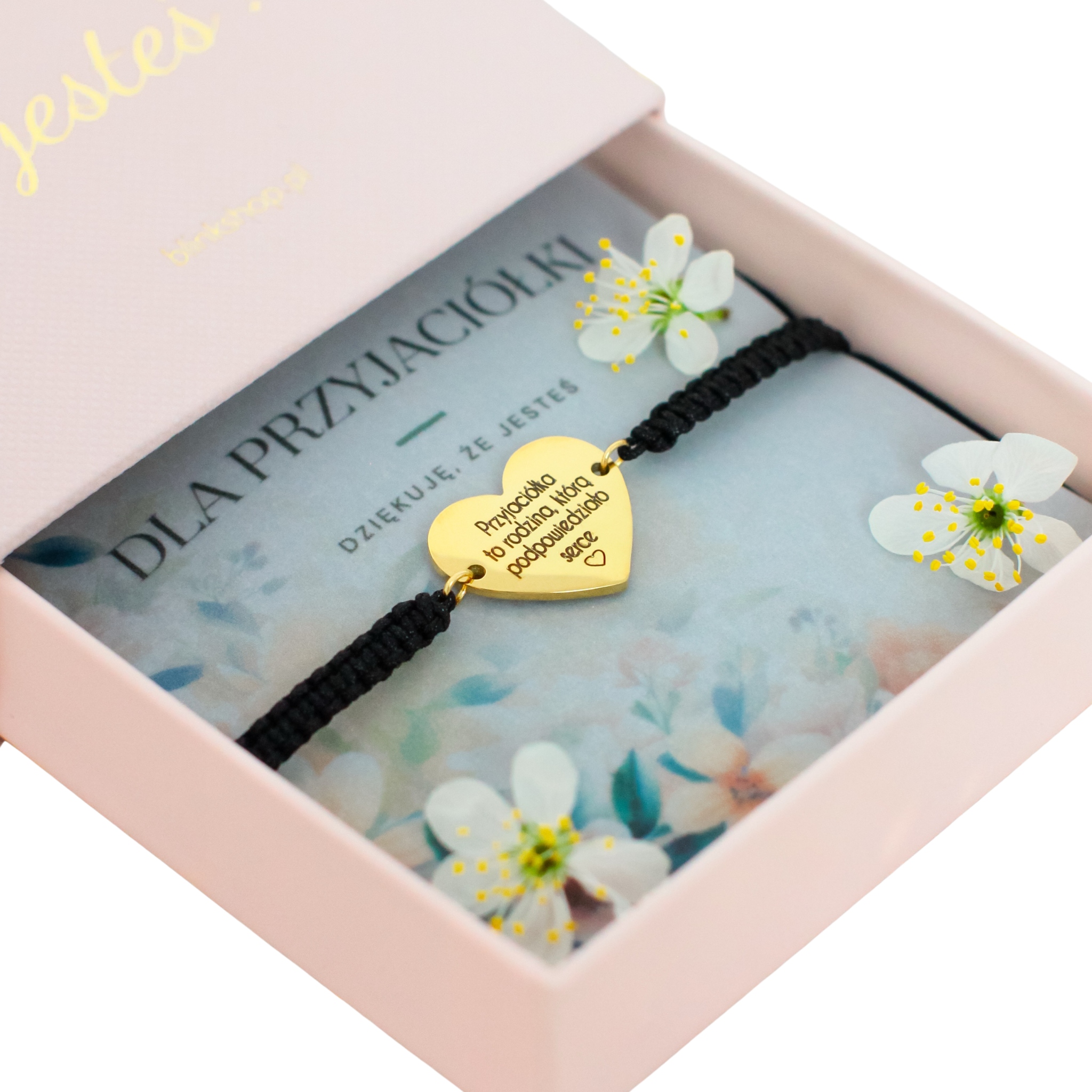 bransoletka serduszko dla przyjaciółki z grawerem cytatem złota