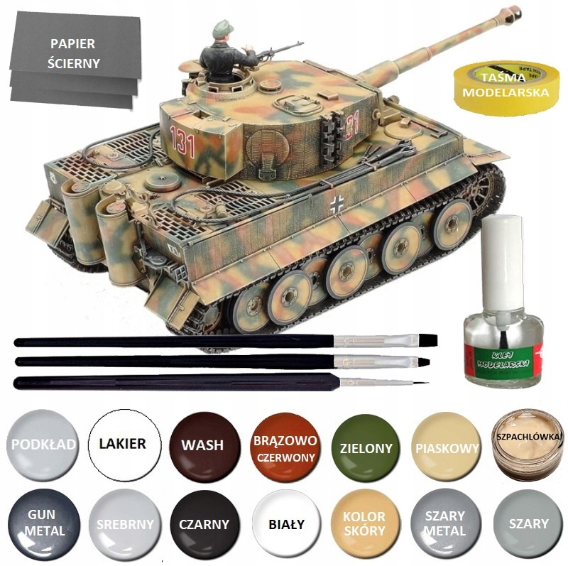 Tiger I mid produktion, model czołgu Tygrys klej, pędzle, farby, taśma..