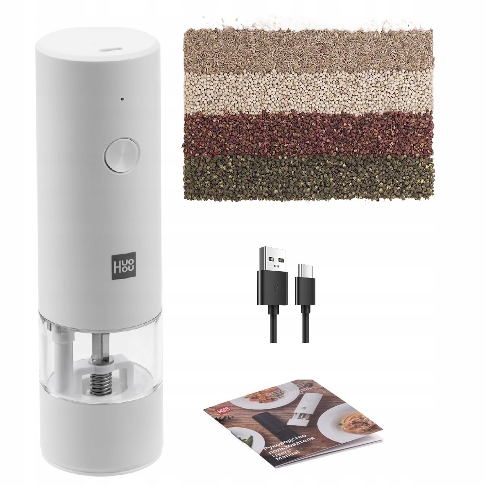 HUOHOU ELEKTRYCZNY MŁYNEK DO PIEPRZU SOLI PRZYPRAW BIAŁY ŁADOWALNY USB-C