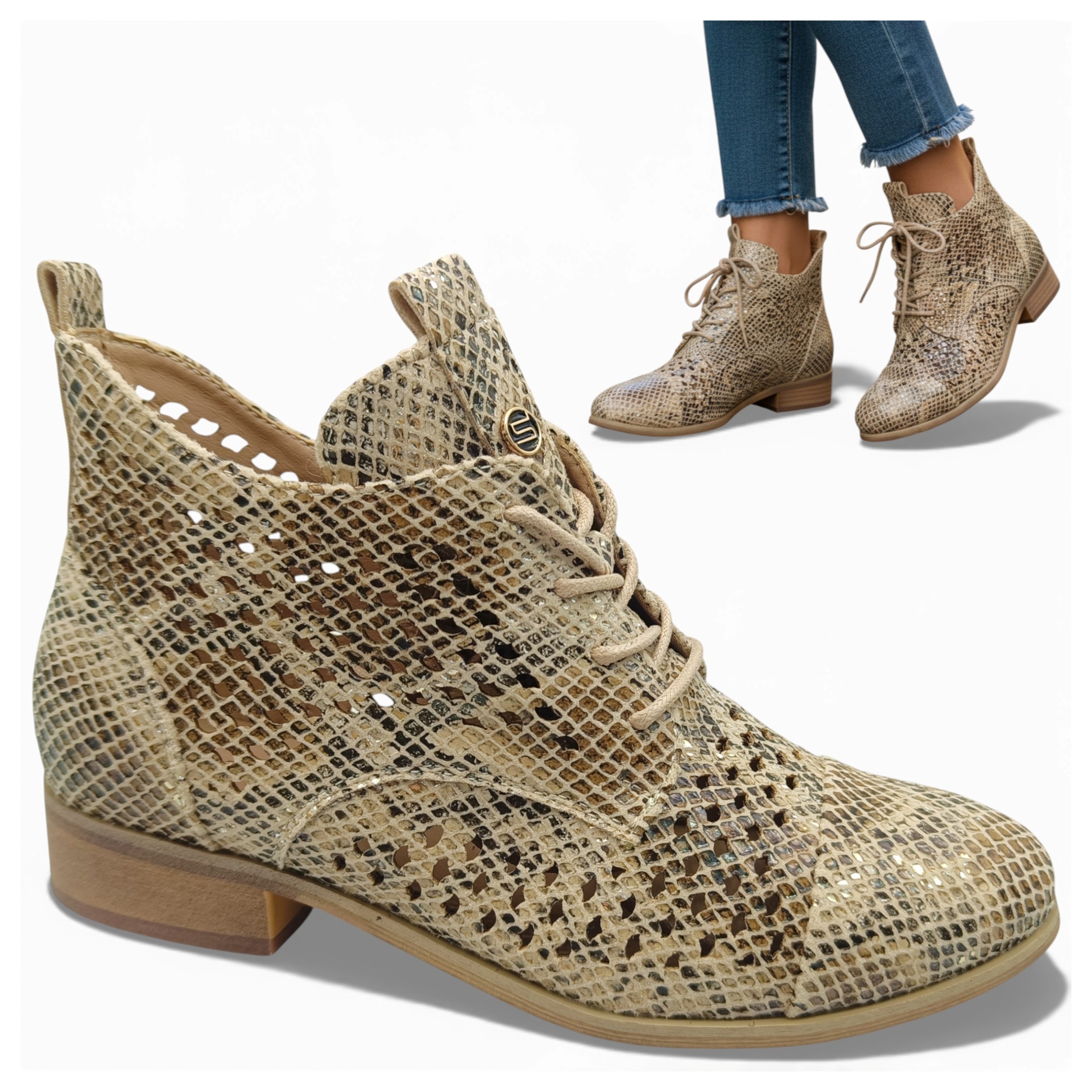 Dámské Kotníkové Boty Ažurové 37 Jarní Elegantní Šněrovací Béžové Módní Potocki