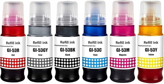 6 X Inkoustová Náplň Pixma GI-53 GI53 Azurová Purpurová Žlutá, Červená, Šedá
