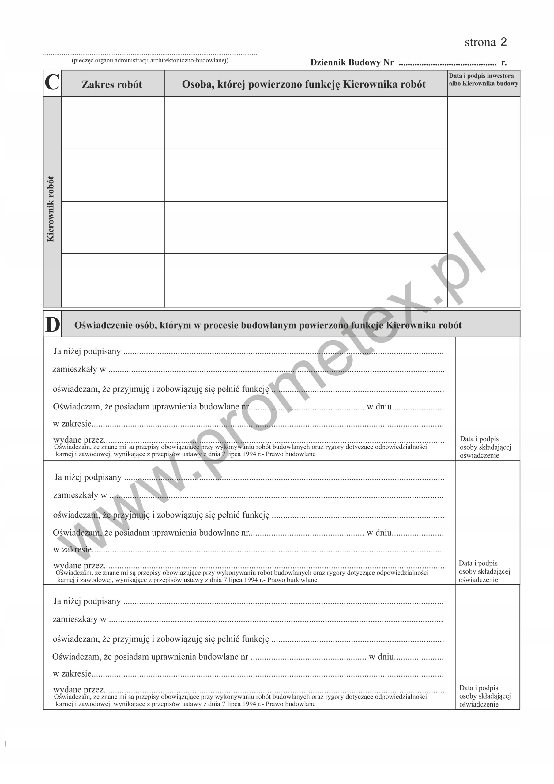 DZIENNIK BUDOWY 20 kartkowy PRODUCENT Marka Prometex