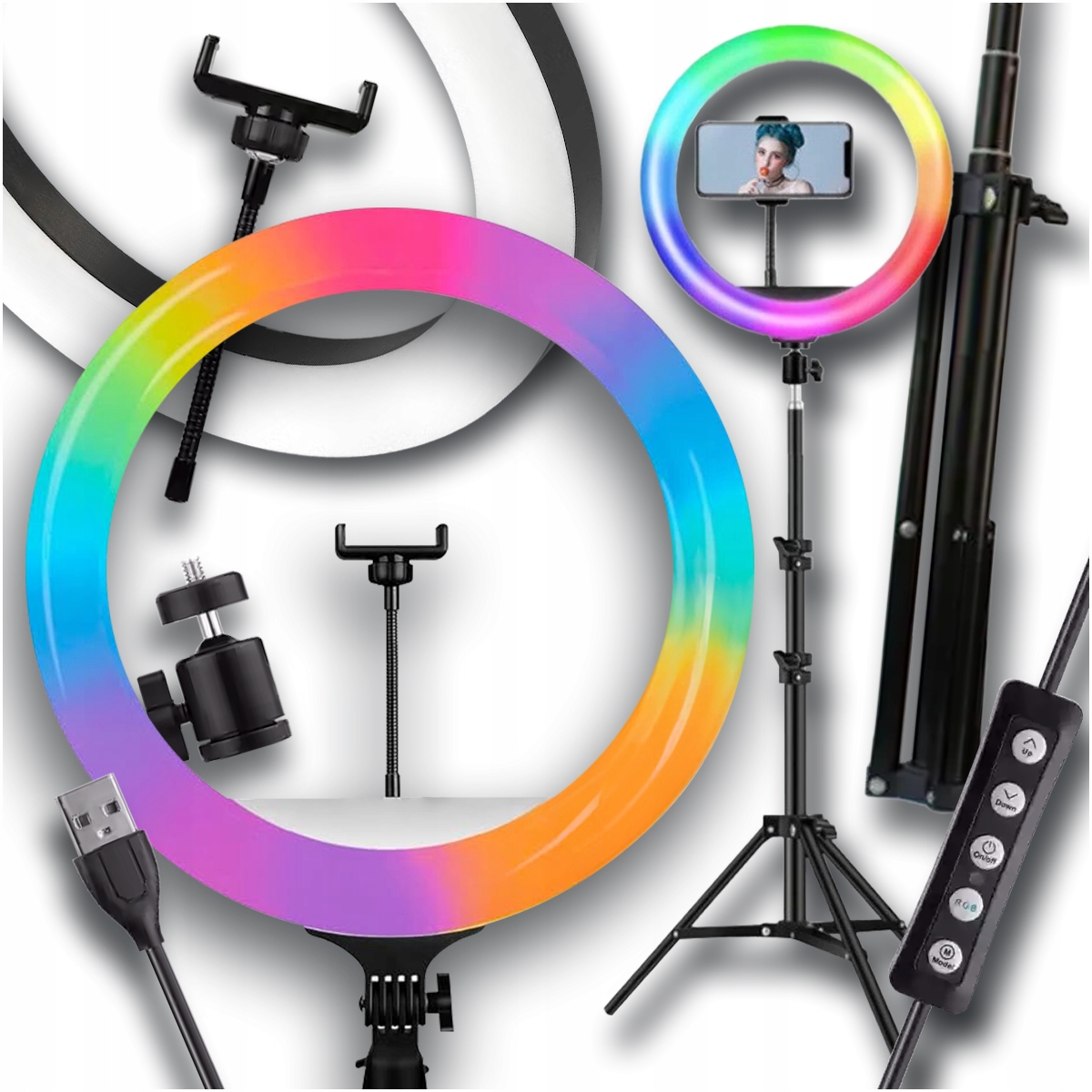 LAMPA PIERŚCIENIOWA LED ZE STATYWEM 220cm USB 80W 26cm RING RGB