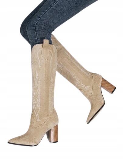 Shein Béžové Kozačky Kovbojské Boty S Prolamovaným Vzorem A Sloupkem 40,5 1DD